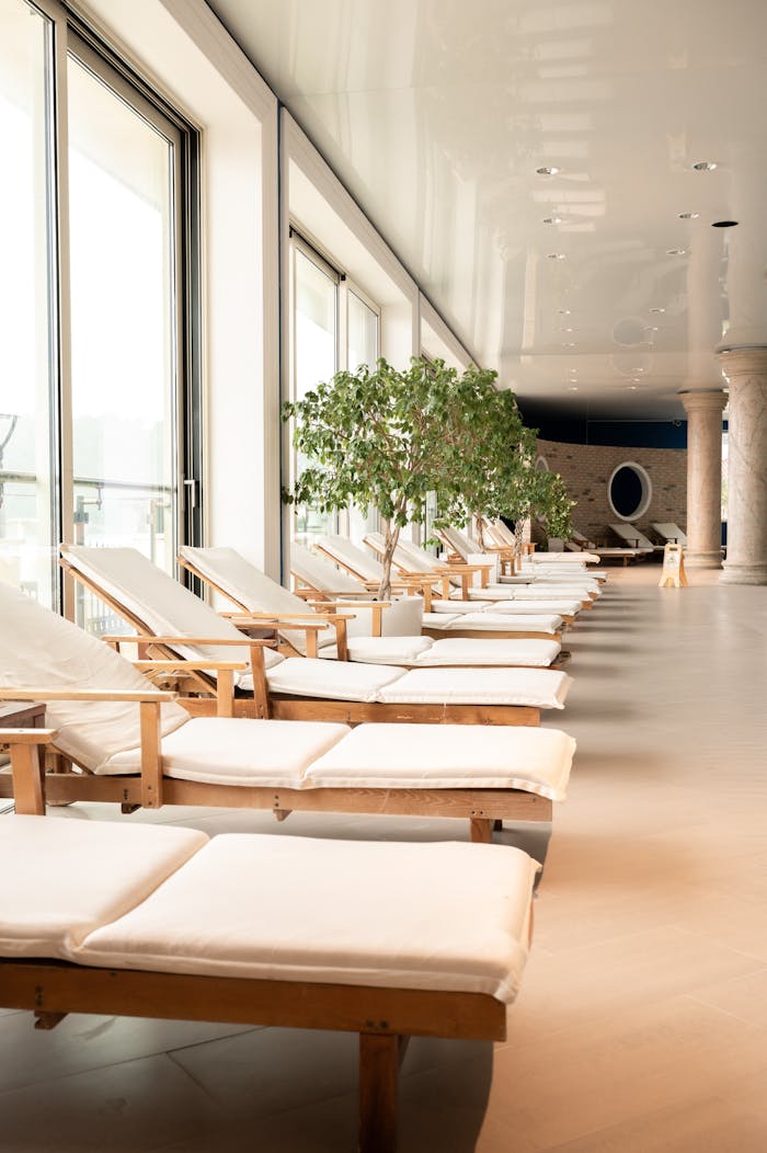 Elegant spa interior with wooden sun loungers and potted trees, creating a serene atmosphere.